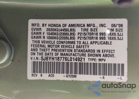 2006 Honda Element Ex-P из США, поврежденный, VIN 5J6YH18776L014921